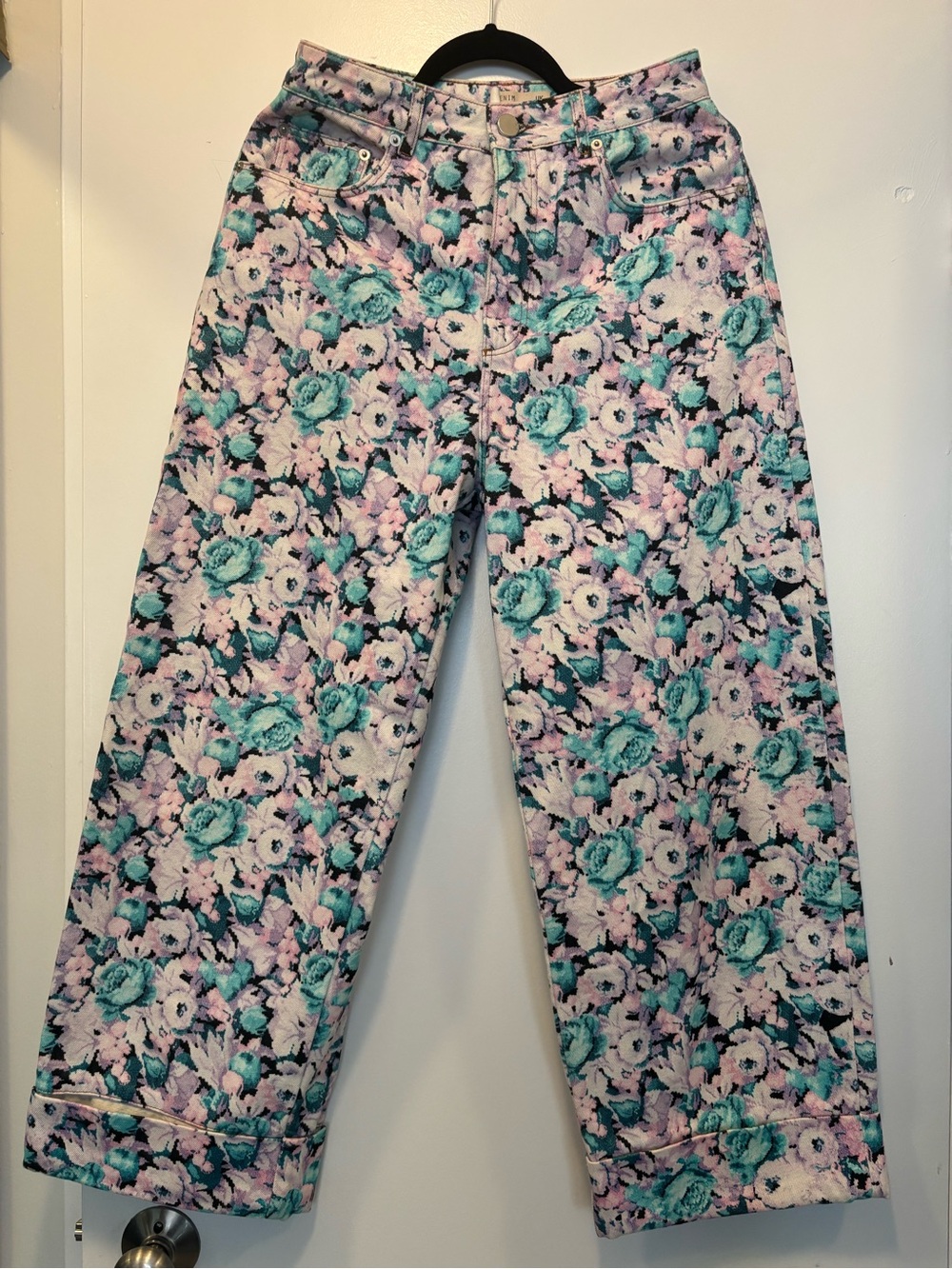 Floral Wide-Leg Denim in Mint, Pink & Black, ASOS
